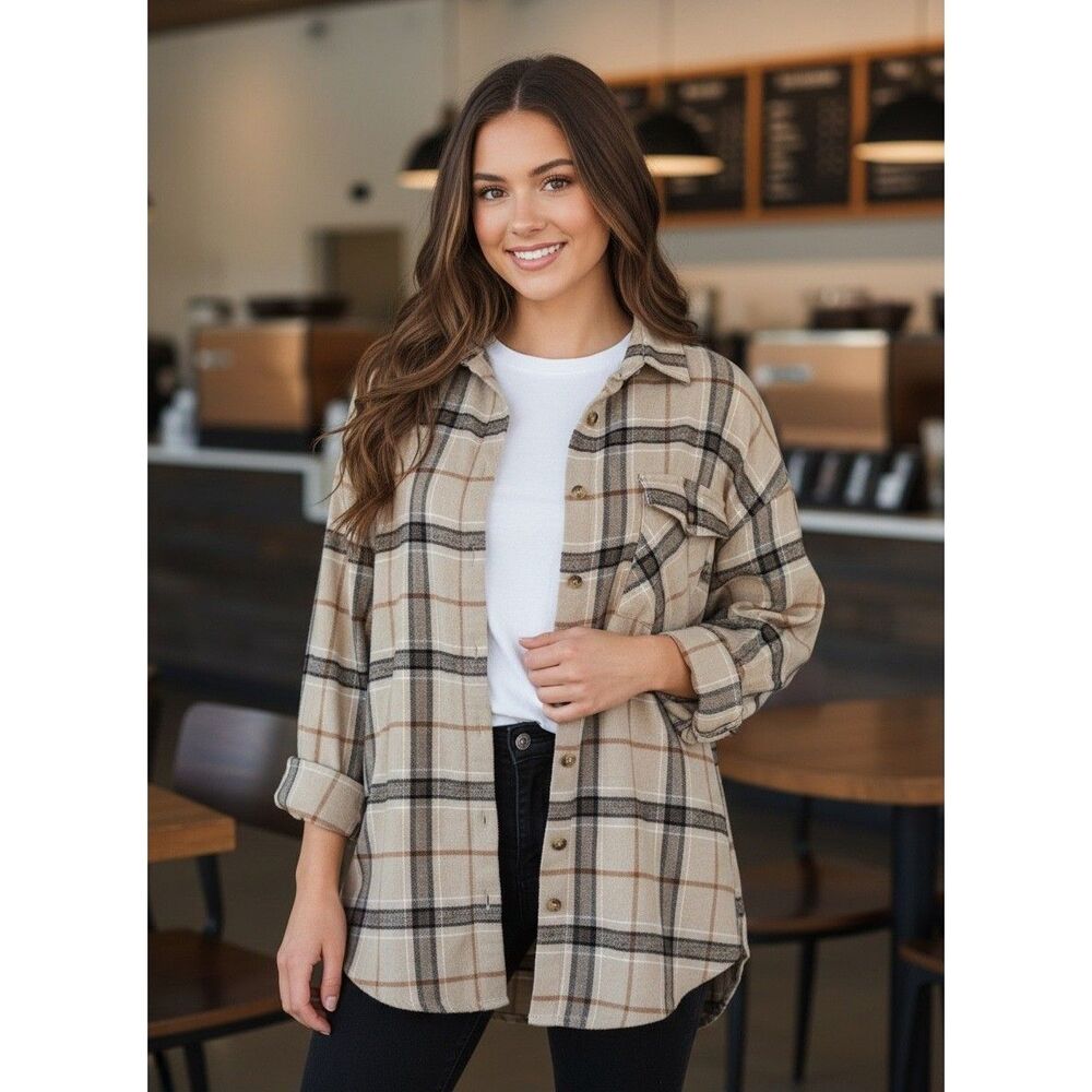 Sincerely Jules Tan Plaid Oversized Flannel Button Down Shirt Large